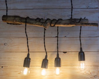 Lámpara colgante de madera a la deriva, araña rústica de madera, lámpara de techo hecha a mano, lámpara colgante industrial, accesorio de madera natural