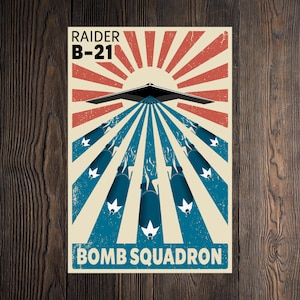 B-21 Raider Future Stealth Bomber Vintage Distressed Look USA Patriotic Bomb Squadron Wall Art Matte Poster