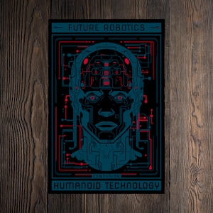 May include: A futuristic robot head with a blue and black design, surrounded by red and black circuit board patterns. The text "FUTURE ROBOTICS" and "HUMANOD TECHNOLOGY" is displayed above and below the robot head. The text "CENTURION" is displayed in the center of the image.