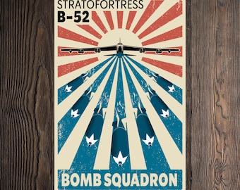 Póster mate de arte de pared del bombardero B-52 Stratofortress con diseño vintage desgastado del escuadrón de bombas patriótico de EE. UU.