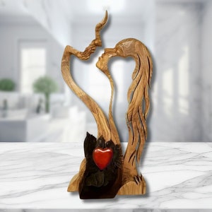 Wooden Lovers Kiss Statue Cute Romantic Love Wood Sculpture Couple Kiss Figurine Romantic Table Decor Romantic Wood Carving Anniversary Gift image 1