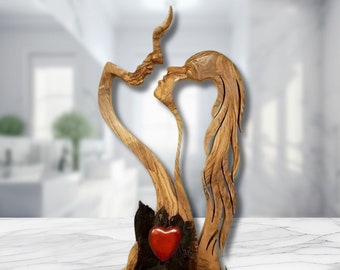 Statue de baiser amoureux en bois mignon amour romantique sculpture sur bois couple baiser Figurine décoration de table romantique sculpture sur bois romantique cadeau d'anniversaire