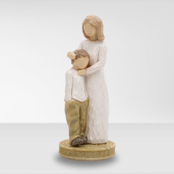 Mother and Son Figurine, Hand Sculpted Mom with Child Statue, Mamma with Boy Table Ornament, Cute Mothers Day Gift, Affectionate Table Decor