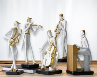 Elegante Musikerfiguren, Statuen von Musikinstrumentenspielern, Pianistenskulptur, Geigerfigur, Klavier, Violine, Klarinette, Saxophon und Cello