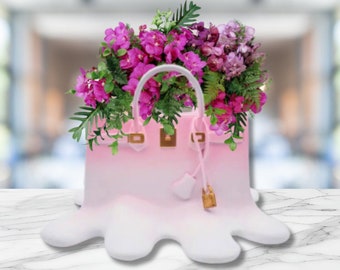 Vase à fleurs sac Birkin fondu, décoration florale unique pour la maison, vase sac à main, jardinière de fleurs pour sac à main, cadeau de décoration de créateur d'accent dynamique pour elle