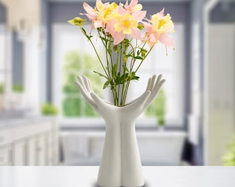 Vase à fleurs mains fleuries, vase créatif en céramique, pot de fleurs fait main, décoration sympa de pot de fleurs, décoration de vase non conventionnelle, jardinière cadeau créative