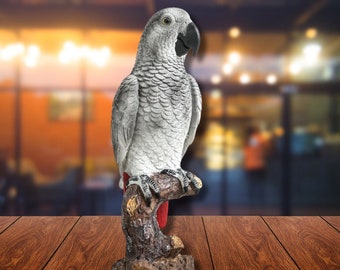 Statue perroquet gris sur perchoir Statue d'oiseau magnifique Statue de perroquet exotique Sculpture d'oiseau réaliste Figurine de perroquet Décor d'oiseau cool Statue d'animal