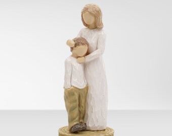 Mother and Son Figurine, Hand Sculpted Mom with Child Statue, Mamma with Boy Table Ornament, Cute Mothers Day Gift, Affectionate Table Decor