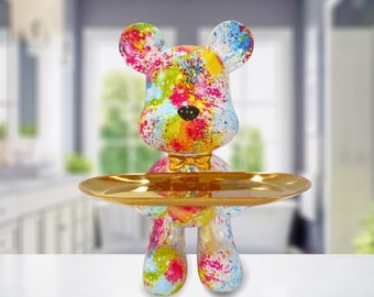 Color Splash Entry Tray Bear- Graffiti Bear Sculpture Key Tray - Abstract Home Decor - Painted Bear Key Holder Statue - Housewarming Gift