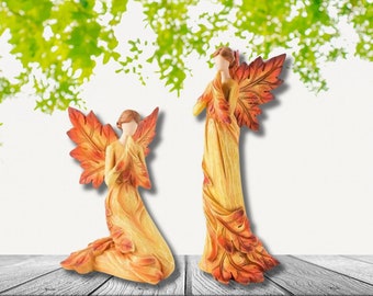 Autumn Angel Statues Maple Leaf Angel Figurines Fall Themed Angel Decor Red and Orange Colorful Angel Sculptures Leaf Wing Angel Decor