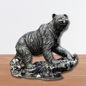 Statue d'ours de luxe superbe sculpture de grizzly ours ornement de bureau Figurine animale majestueuse décoration de table unique décoration ours cool cadeau pour lui Silver