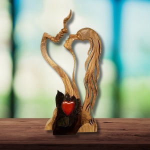 Wooden Lovers Kiss Statue Cute Romantic Love Wood Sculpture Couple Kiss Figurine Romantic Table Decor Romantic Wood Carving Anniversary Gift image 5