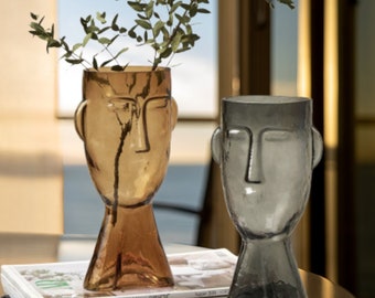 Elegant Glass Face Vase, Unique Transparent Head Flowerpot, Modern Minimalist Vase, Cool Planter for Flowers and Plants, Housewarming Gift