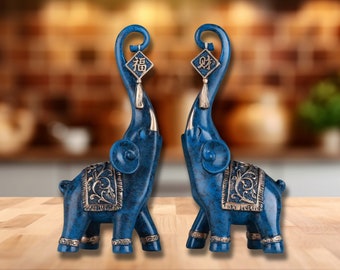 2 pièces Statues d'éléphant Sculpture d'éléphant colorée Figurine d'éléphant chinois élégant décor éléphant bleu et or éléphants mignons décor exotique