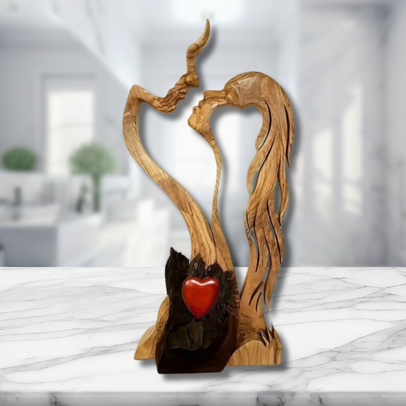 Wooden Lovers Kiss Statue Cute Romantic Love Wood Sculpture Couple Kiss Figurine Romantic Table Decor Romantic Wood Carving Anniversary Gift image 1