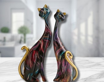 Ensemble de statues de chat abstraites peintes colorées Sculpture de chat multicolore Ornement Figurine Décor de chaton Artistique Animal peint Décor de chat mignon