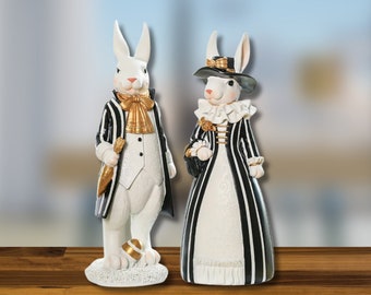 Statues de lapin élégantes, décoration de lapin de luxe, lapins en costumes et robes, lapin chic, décoration de Pâques fantaisie, cadeau statue de lapin mignon