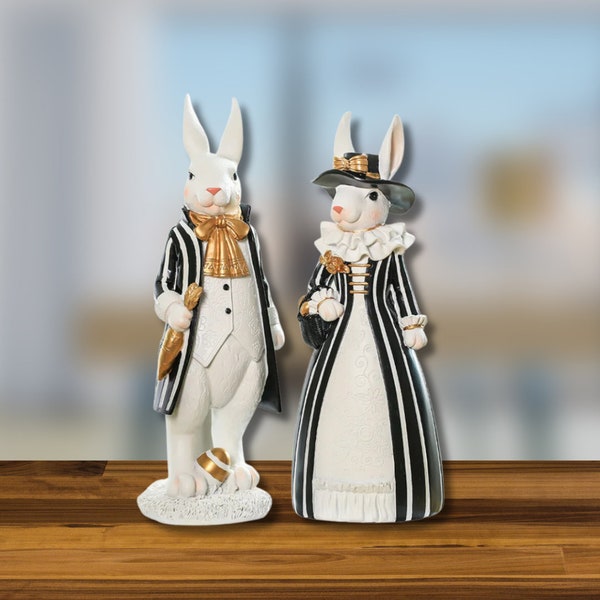 Elegantes estatuas de conejos, decoración de conejos de lujo, conejitos con trajes y vestidos, conejitos con clase, decoración elegante de Pascua, lindo regalo de estatua de conejo