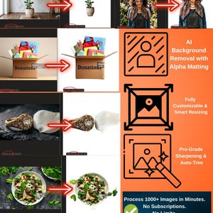 May include: An orange graphic with text and icons promoting AI background removal, smart resizing, and sharpening for e-commerce sellers. The text includes "Process 1000+ Images in Minutes. No Subscriptions. No Limits."