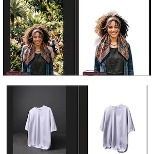 May include: A woman wearing a patterned scarf, denim jacket, and a black top. The woman has curly hair and is smiling. The background shows a park with people and greenery. A white t-shirt is also shown.
