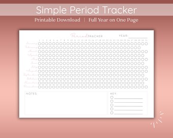 Op de afbeelding: Een afdrukbare menstruatietracker met de tekst "Simple Period Tracker" en "Full Year on One Page". De tracker is een wit vel met een roze kop en een kalenderraster.