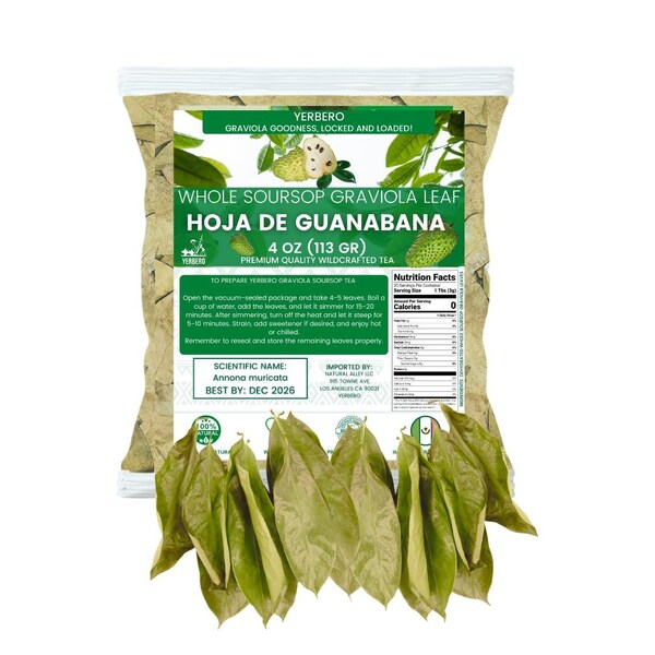 Yerbero - Hojas enteras de guanábana de graviola (4 oz - 330+ hojas por bolsa) Hoja De Guanabana / De México / Calidad premium artesanal.