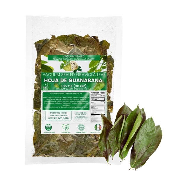 Yerbero - Hojas enteras de guanábana de graviola secas 1.05 oz (30 g - 120+ hojas por bolsa) Hoja De Guanabana / De México / Calidad Premium.