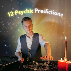 May include: A man in a vest and white shirt sits at a table with a laptop and candles. The text "12 Psychic Predictions" is displayed above the man. A geometric design with crystals is on the table.