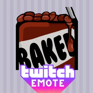 May include: A cartoon illustration of a can of baked beans with the word "BAKED" printed on the label. The can is red and white with a brown lid. The beans are spilling out of the can. The image is labeled "Twitch Emote".