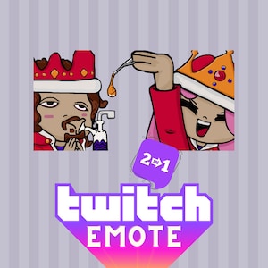 May include: A Twitch emote featuring two cartoon characters, a king and a queen, with the text "2 in 1 Twitch Emote" in a purple speech bubble.