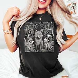 Folklore Forest Fox Lino Print Shirt | Vintage Forestcore TShirt | Folk Art Linocut Fox T-Shirt | Cottagecore Aesthetic Graphic Tee