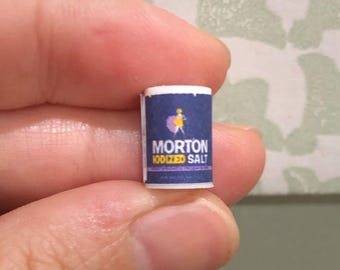 May include: Miniature salt container with a blue label featuring the Morton logo and the words "Morton Iodized Salt." The label also includes a graphic of a girl with an umbrella. The container is held between fingers.