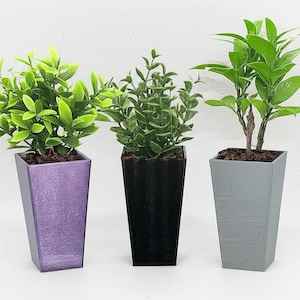 May include: Three small potted plants with green foliage. The pots are trapezoidal, with a glittery purple, black, and gray finish. The plants are arranged in a row, each with a different type of greenery and soil.