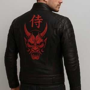 Cyberpunk Samurai Leather Jacket – Black Biker Jacket with Red Stitching, Futuristic Armored Design