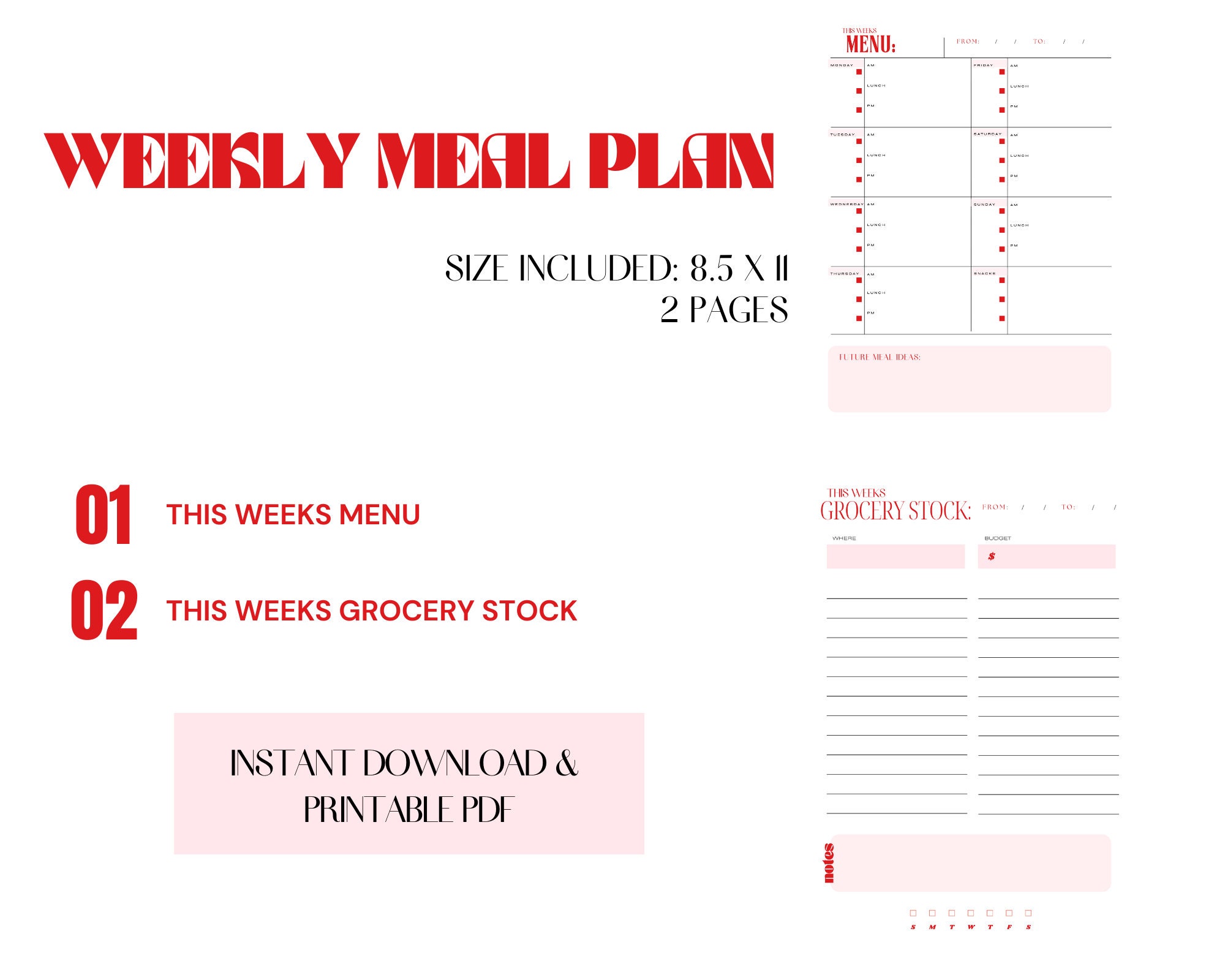 Weekly Meal Plan Printable, Instant Download, Meal Planner, Printable