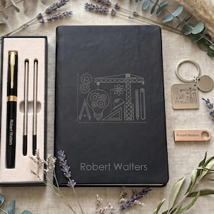 May include: A black notebook with the name Robert Walters and an engineering graphic engraved on the cover, a black pen in a box, a square metal keychain with an engineering design, and a small rectangular USB drive labeled Robert Walters.