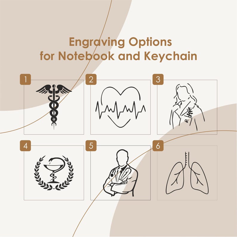 May include: Engraving options for a notebook or keychain. Six different medical-themed designs are shown in black and white: a caduceus, a heart with a heartbeat line, a doctor with a stethoscope, a pharmacy symbol, a doctor with crossed arms, and lungs.