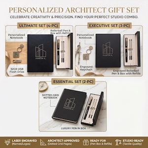 May include: A personalized architect gift set featuring black notebooks with a white building logo and the name Martin K. The sets include a rollerball pen in a box with refills, an engraved keychain, and a 32GB USB flash drive, displayed in three configurations: Ultimate, Executive, and Essential.