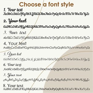 May include: Eight different font styles are shown in black text on a beige background. Each font style is labeled with a number from 1 to 8. The alphabet is shown in lowercase letters for each font style.