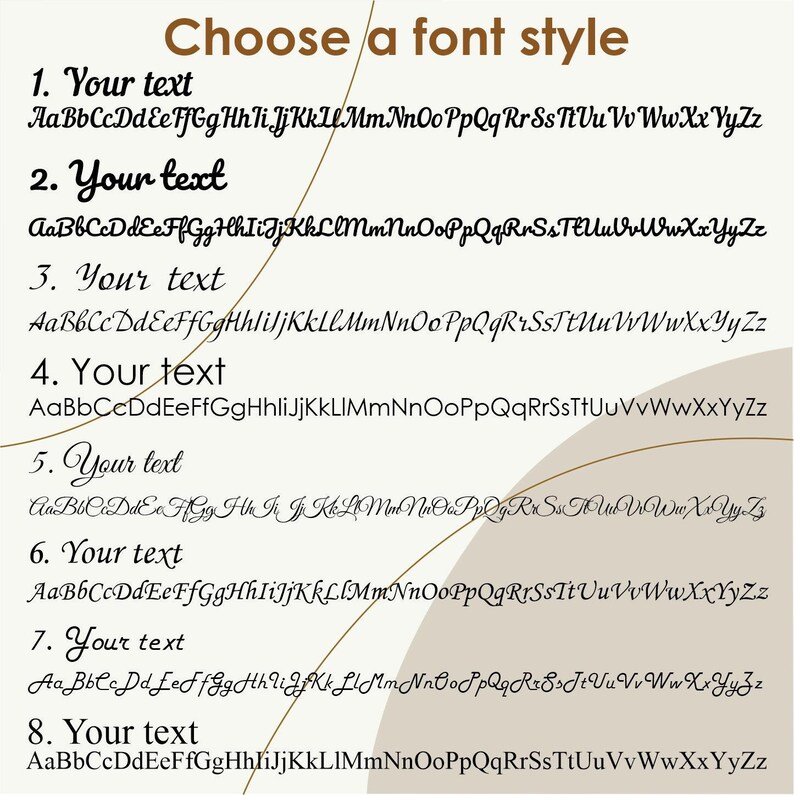 May include: Eight different font styles are shown in black text on a beige background. Each font style is labeled with a number from 1 to 8. The alphabet is shown in lowercase letters for each font style.