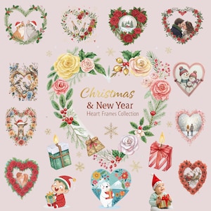 Peut inclure: Une collection de cadres en forme de cœur à l'aquarelle sur les thèmes de Noël et du Nouvel An. Les cadres présentent divers motifs, notamment des chats avec des chapeaux de Père Noël, des roses, des boules à neige, des couples et des scènes d'hiver. Le texte "Christmas & New Year Heart Frames Collection" est également présent.