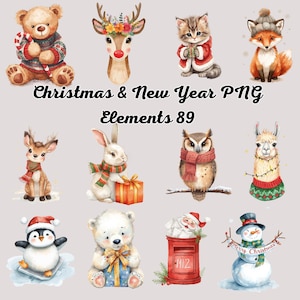 May include: Watercolor illustrations of Christmas and New Year themed animals, including a bear, deer, cat, fox, rabbit, owl, llama, penguin, polar bear, and snowman. The image includes the text "Christmas & New Year PNG Elements 89."