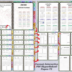 Peut inclure: Un agenda mensuel 2026 à spirale, comprenant des pages de calendrier, des listes de tâches et des sections de notes. L'agenda comprend un motif floral et est étiqueté comme un PDF interactif de 72 pages.