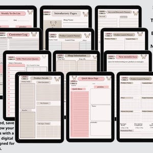 May include: A digital Etsy shop planner displayed on multiple tablets. The planner features pink and beige pages with sections for to-do lists, customer logs, product details, and shop information. Text includes "Weekly To-Do List" and "Product Launch Planner".