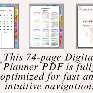 Peut inclure: Planificateur numérique PDF avec des pages de calendrier pour 2026, un planificateur mensuel et des listes de tâches. Le texte indique : "Ce planificateur numérique PDF de 74 pages est entièrement optimisé pour une navigation rapide et intuitive."