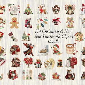 114 Christmas & New Year Patchwork Clipart Bundle | Quilted Fabric  Embroidery Style  Cozy Handmade Holiday PNG +PDF