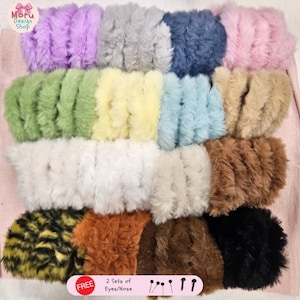 May include: Assortment of 12 faux fur fabric strips in various colors, including purple, gray, blue, pink, green, yellow, light blue, beige, white, brown, orange, and black.  FREE 2 Sets of Eyes/Nose.