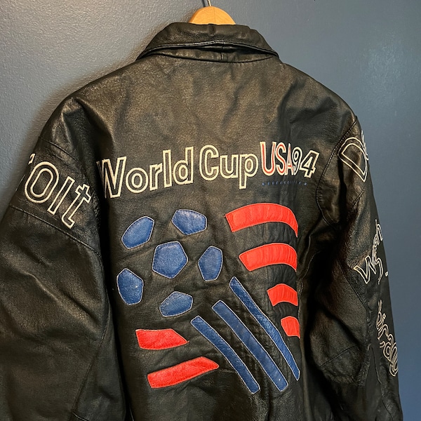 Vintage 1994 World Cup Soccer Leather Embroidered Jacket Size L/XL “Cut Liner”