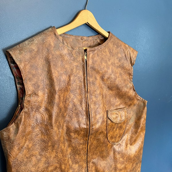 Vintage 60’s Hand Made Brown Leather Zip Vest Size XL/XXL