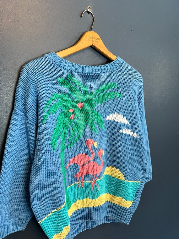 Vintage 80’s Flamingo Beach Hand Knit Short Sleev… - image 1
